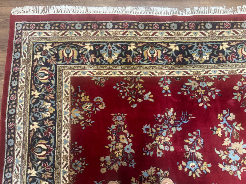Indo Persian Sarouk Rug 10x14, Large Red and Navy Blue Carpet, Traditional Floral Wool Rug by Jewel Rugs