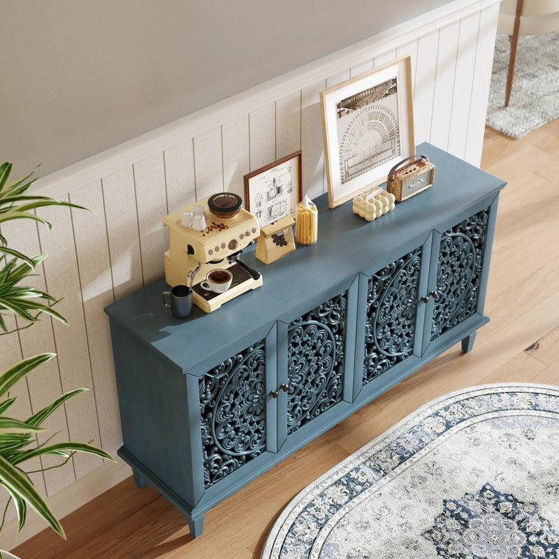 60" Antique Buffet Cabinet with Floral Carvings and Adjustable Shelves by HouseOfZazla