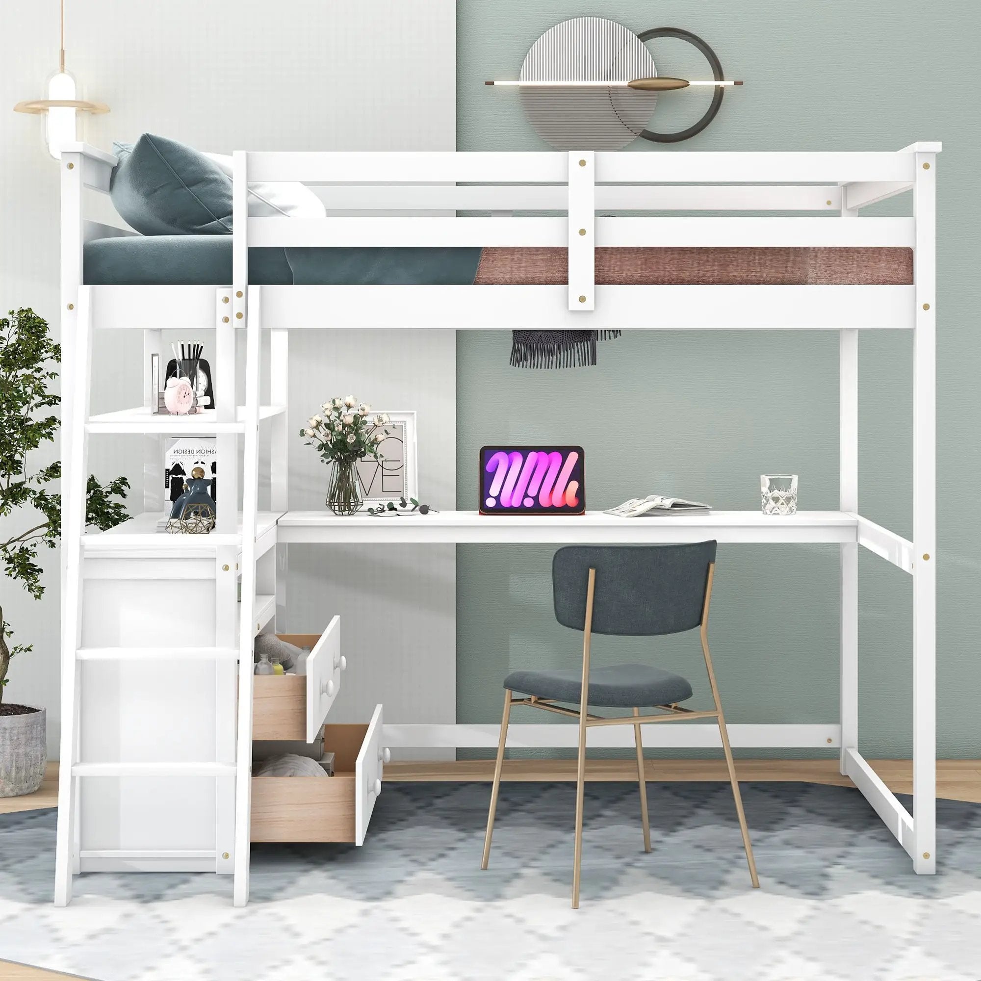Modern Loft Bed With Built In Desk, Shelves, And 2 Drawers by HouseOfZazla