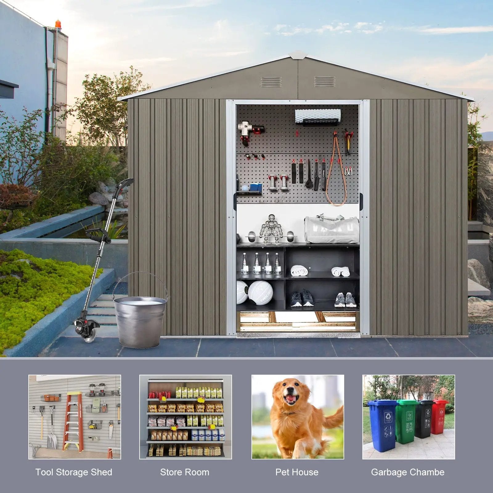 8Ft x 6Ft Outdoor Metal Storage Shed With Floor Base (SKU: W540S00012) - Gray by HouseOfZazla