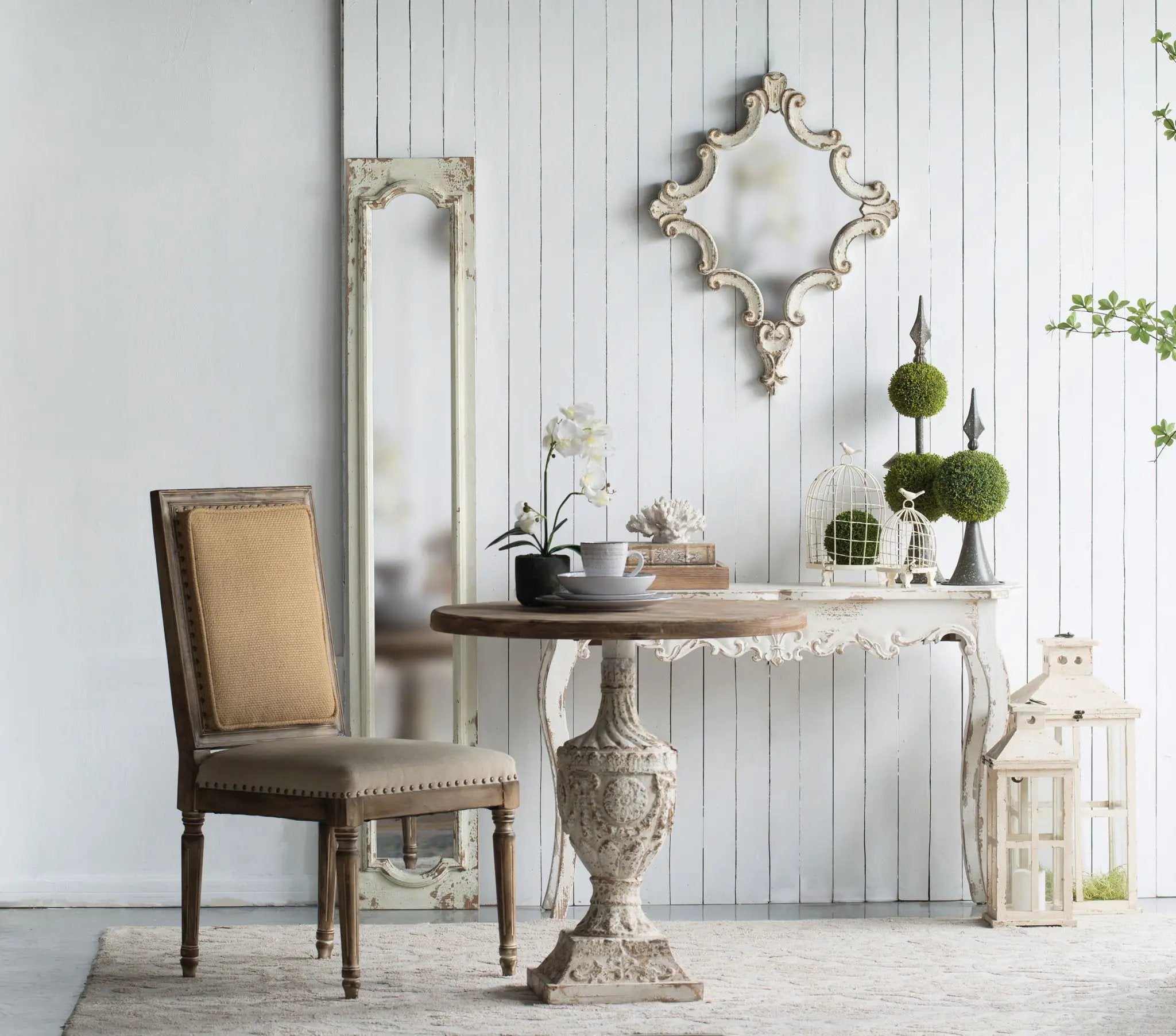 Artistic Diamond Scrollwork Mirror, Home Accent Mirror For Living Room, Entryway, Bedroom, Office - Antique White by Unique Piece Furniture