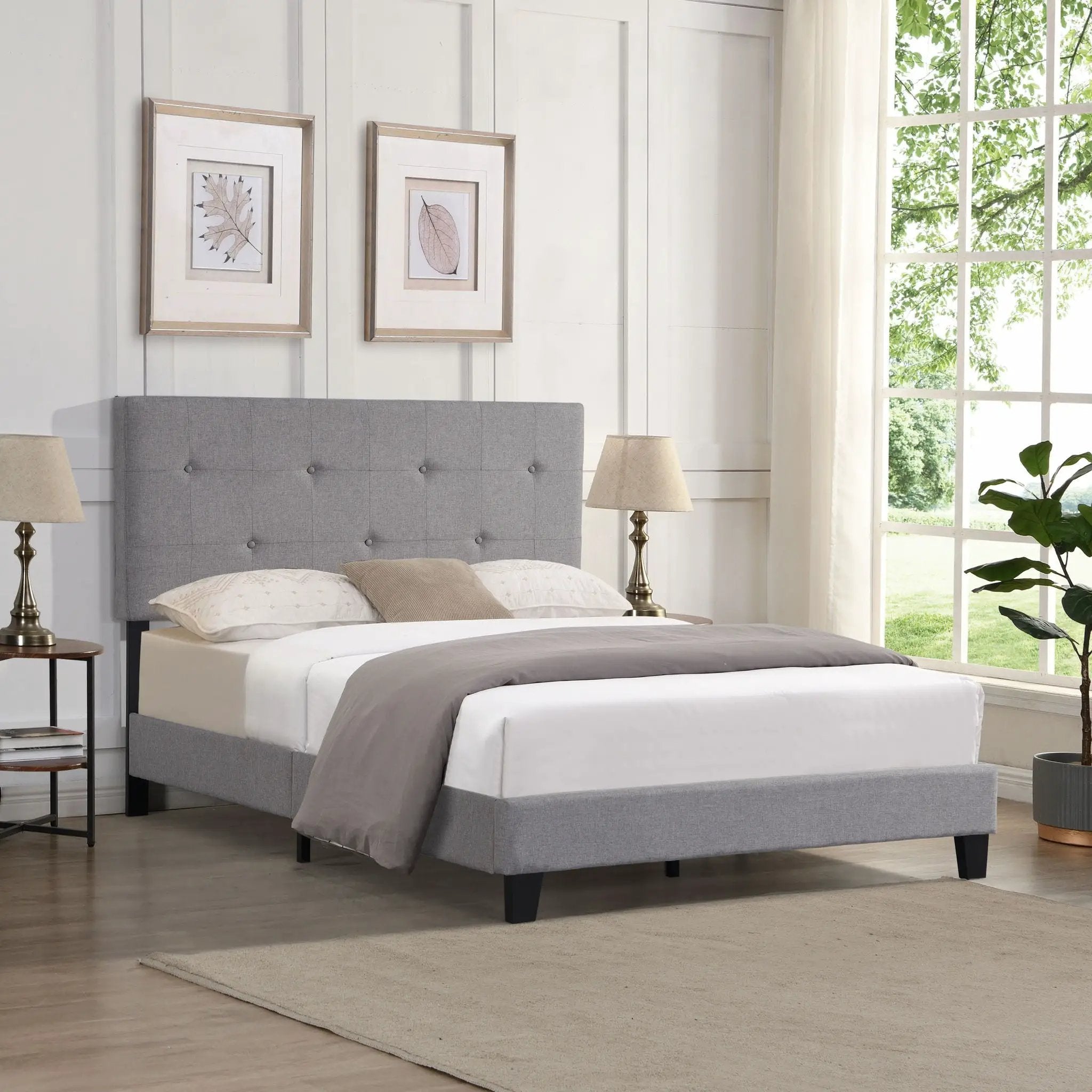 Modern Upholstered Platform Bed Frame With Button Tufted Headboard And Wood Slat Support by Unique Piece Furniture