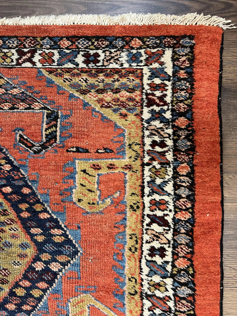 Rare Persian Tribal Runner Rug 3 x 11, Sarab Serab Persian Runner, Antique 1920s Collectible Geometric Medallions Oriental Wool Runner, Hand Knotted, Bright Orange-Red by Jewel Rugs