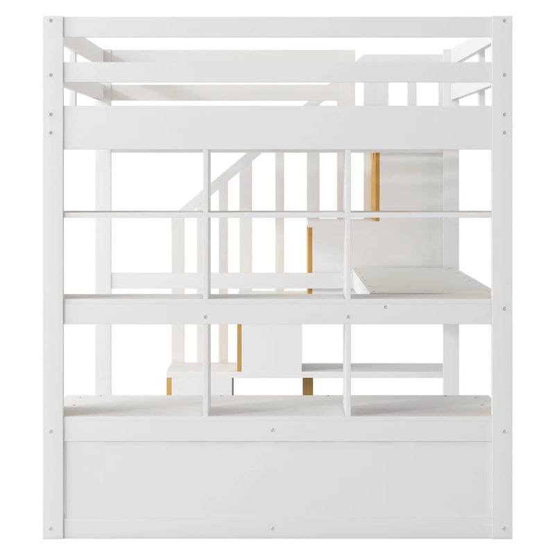 Full Size Loft Bed With Desk And Shelves, 2 Built In Drawers, Storage Staircase - Natural / White by HouseOfZazla