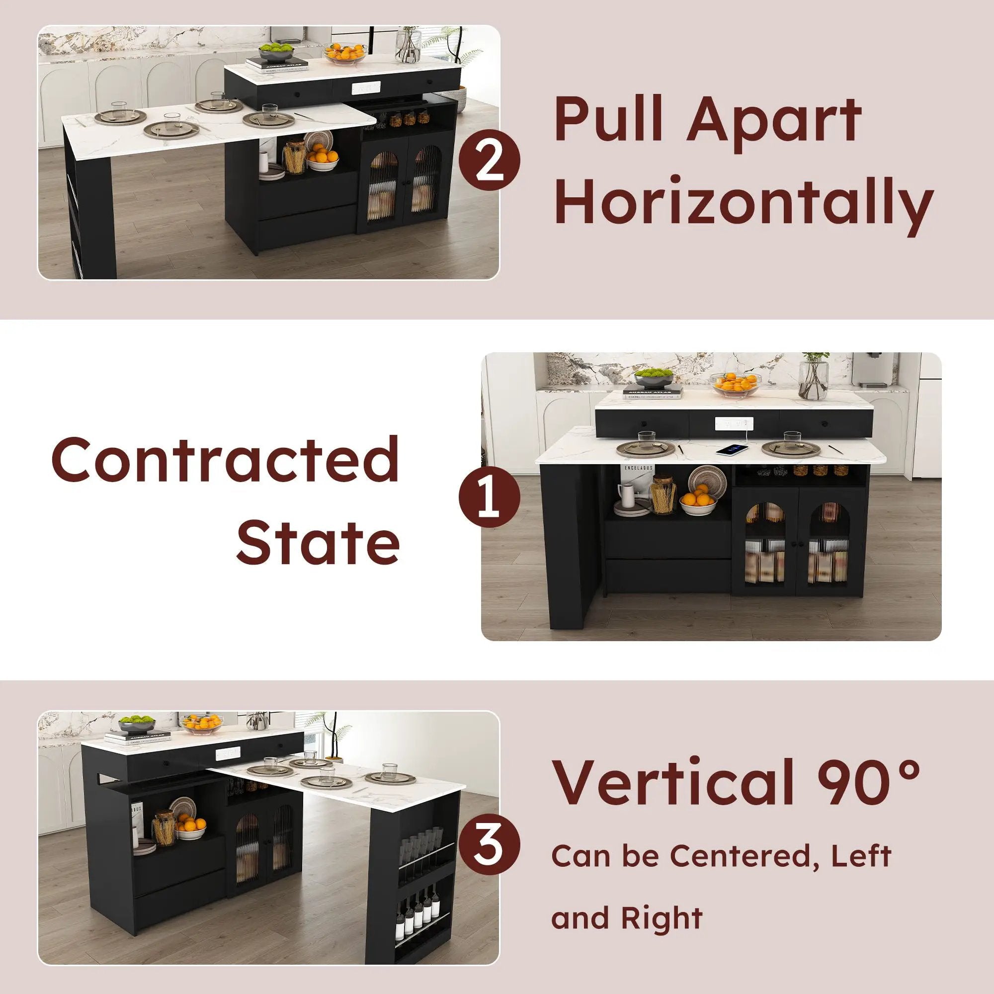 Retro Kitchen Island Set With Chairs, Extendable & Rotating Table, 4 Drawers & Door Cabinets by Unique Piece Furniture