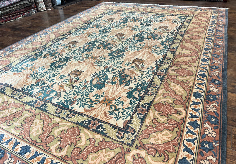 10x13 Wool Rug, Floral Pattern, Birds, Handmade Vintage Carpet, Couristan Rug, Beige by Jewel Rugs