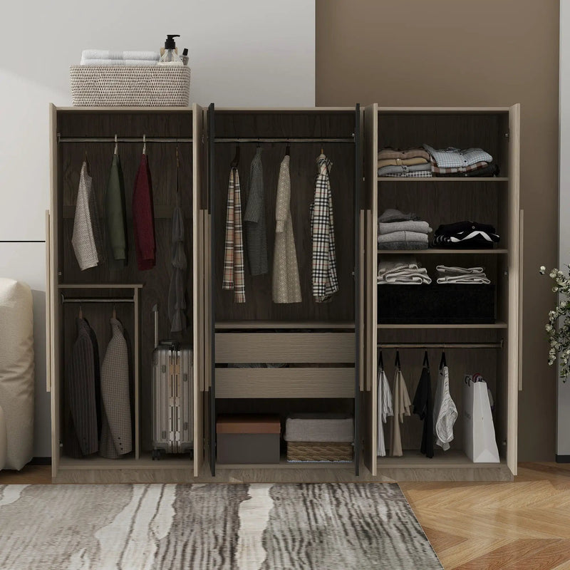 6 Doors Wardrobe Storage For Bedroom, With 2 Drawers Inside - Black / Nature by Unique Piece Furniture