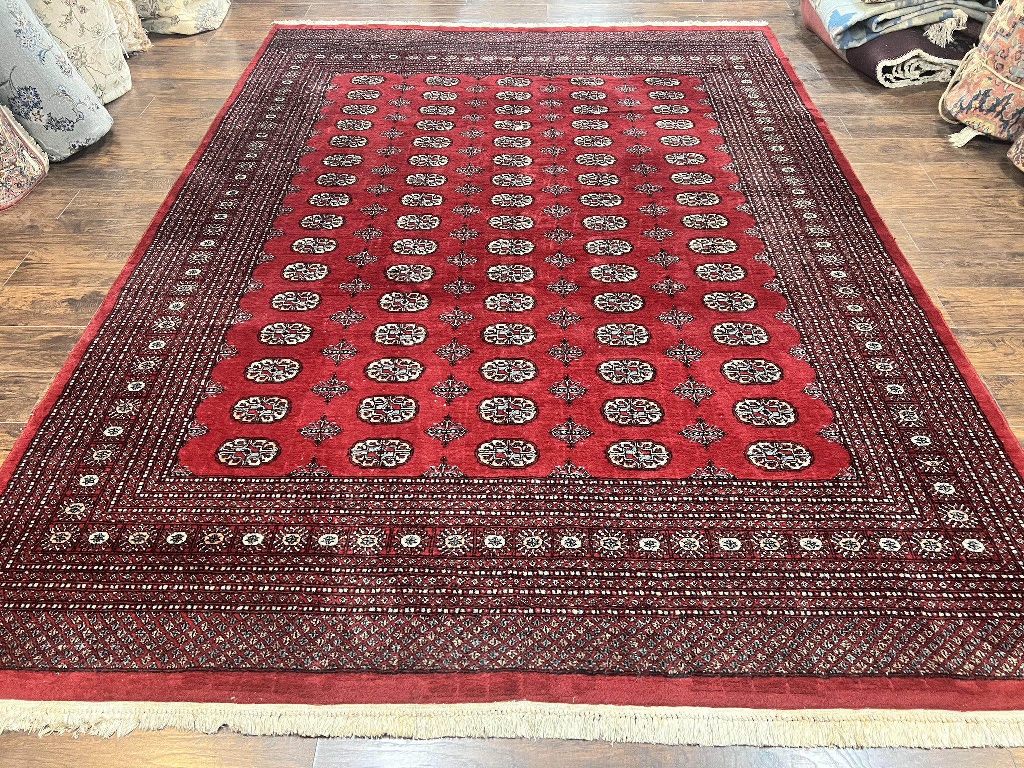Turkoman Rug 8 x 11.6, Red Bokhara Pakistani Carpet, Wool Handmade Vintage Rug by Jewel Rugs