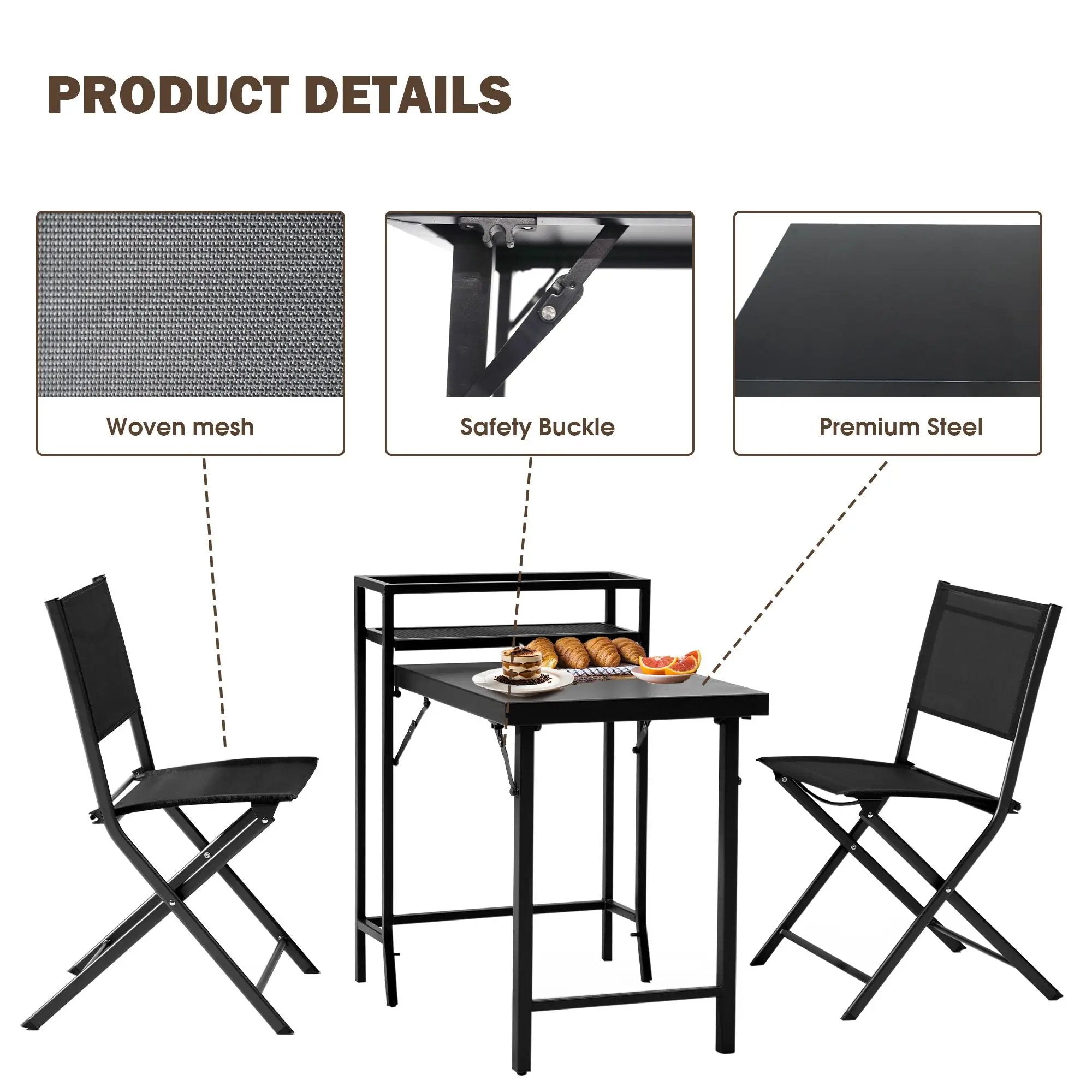 3 Piece Patio Bistro Set, Patio Set Of Foldable Patio Table And Chairs, Outdoor Patio Furniture Sets - Black by HouseOfZazla