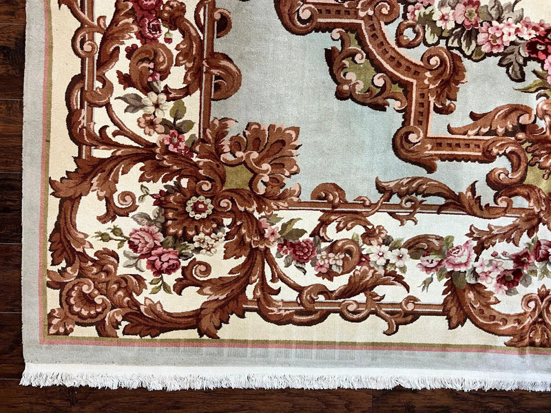 Aubusson Rug 10x13, Cream and Light Mint Green Hand Knotted Handmade French Savonnerie European Carpet, Wool Pile, Large Room Sized Vintage by Jewel Rugs