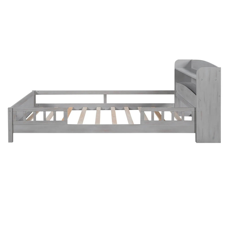 Wood Platform Bed With Built In LED Light, Storage Headboard And Guardrail
