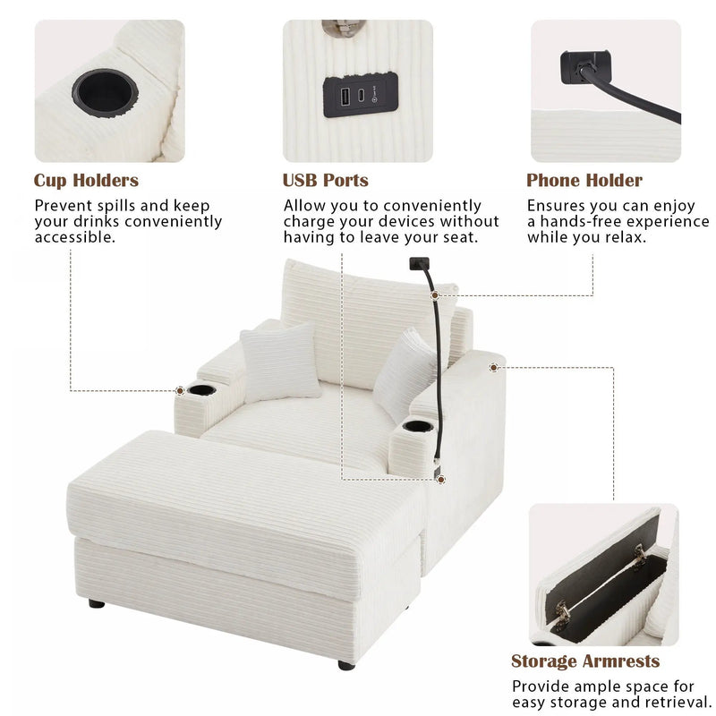 Modern Style Loveseat Sofa Sectional Sofa Couch With Storage Space, A Movable Ottoman, Two USB Ports, Two Cup Holders, A Phone Holder For Living Room by HouseOfZazla
