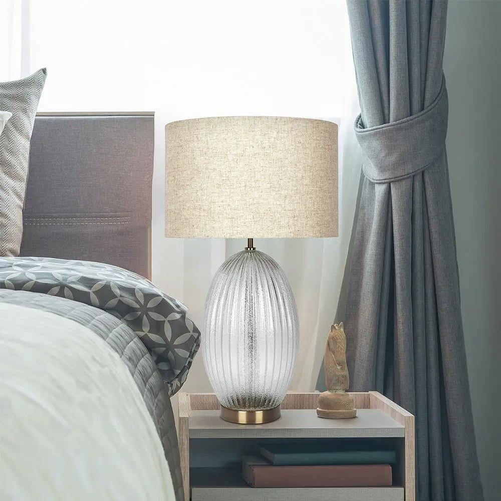 Aurora - Ribbed Lamp Base Clear Table Lamp Large Linen Shade - Beige / Clear / Gold by HouseOfZazla