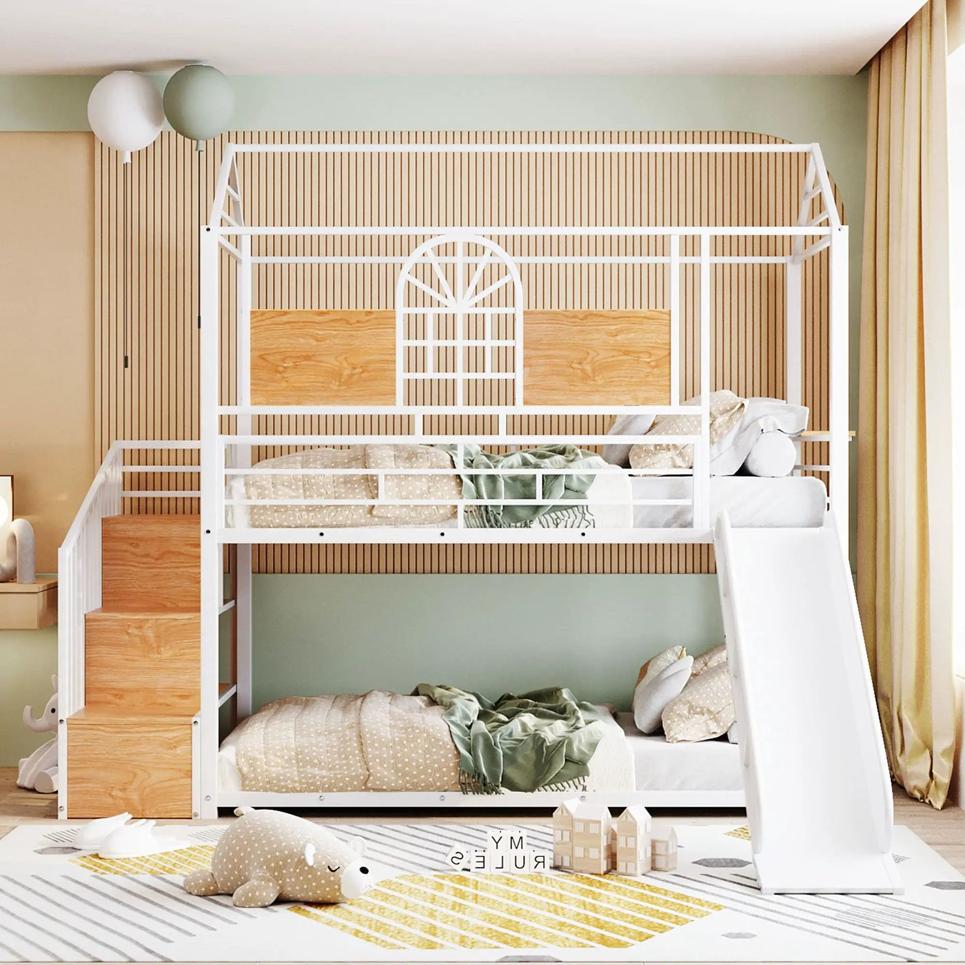 Metal Bunk Bed, Metal Housebed With Slide And Storage Stair by HouseOfZazla
