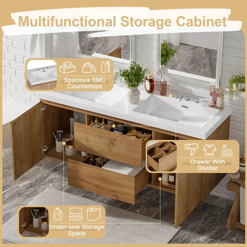 Double Sink Bathroom Vanity, Cabinet & Soft Close Doors, Divided Drawers, Wall Mounted Storage - Wood