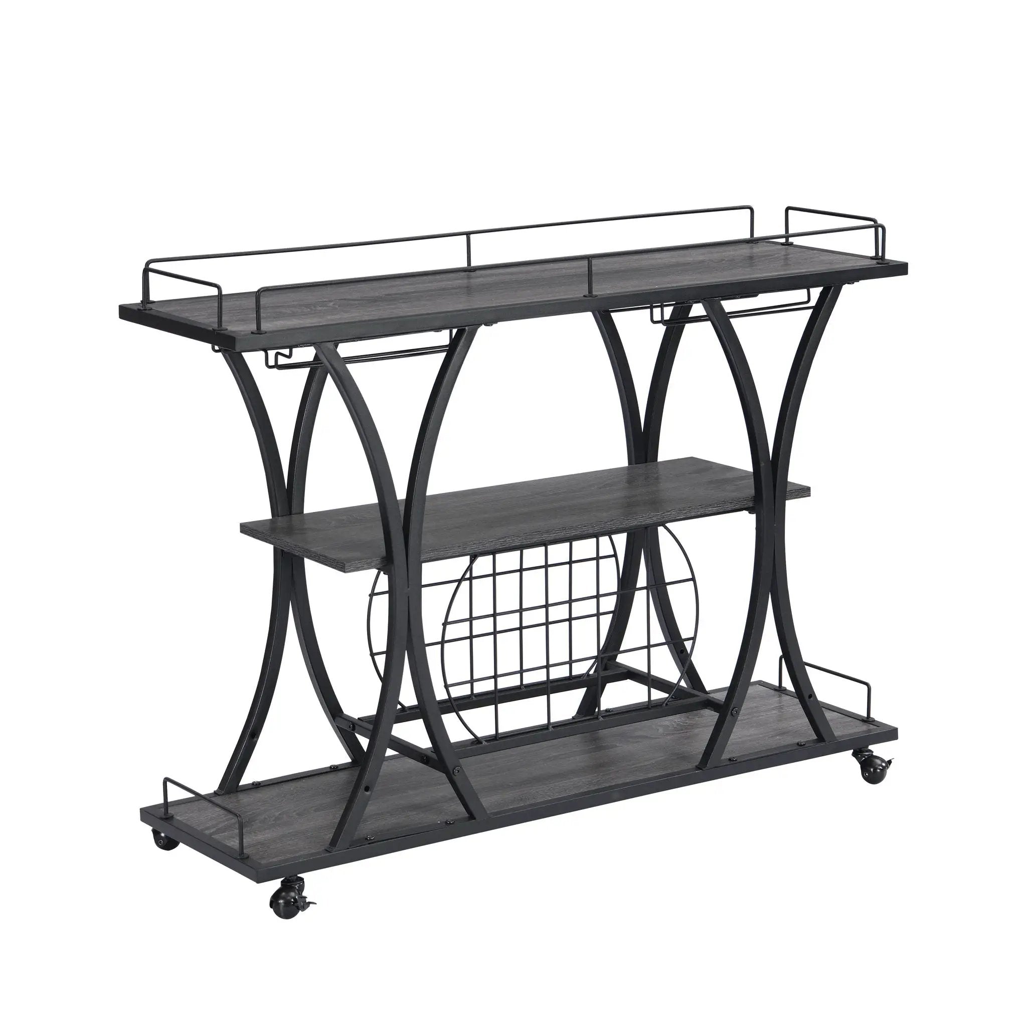 Industrial Bar Cart Kitchen Bar & Serving Cart For Home With Wheels 3 Tier Storage Shelves - Black / Gray by Unique Piece Furniture