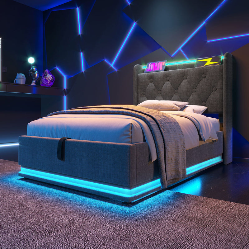 Upholstered Bed, 360 Surround LED Function, Remote Control, Hydraulic Storage Bed With USB, Type-C Charging (Without Mattress) by HouseOfZazla
