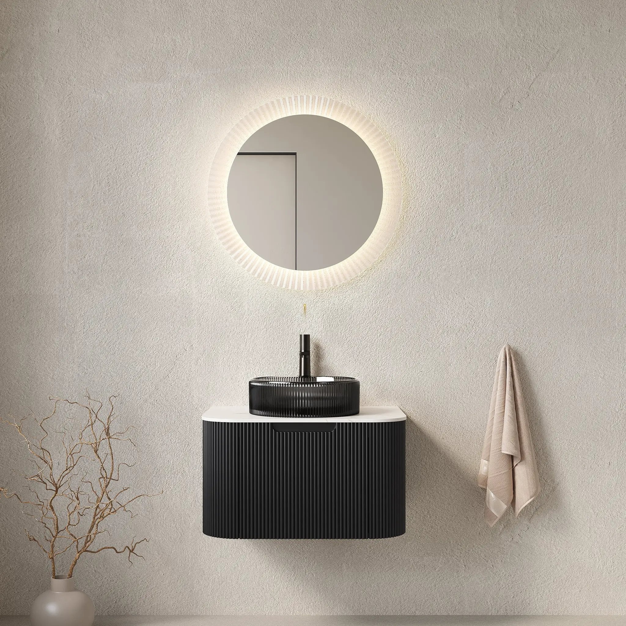 DINA 24" Bathroom Vanity & Sink, Floating Curved Edges with Striped Plywood Cabinet by HouseOfZazla