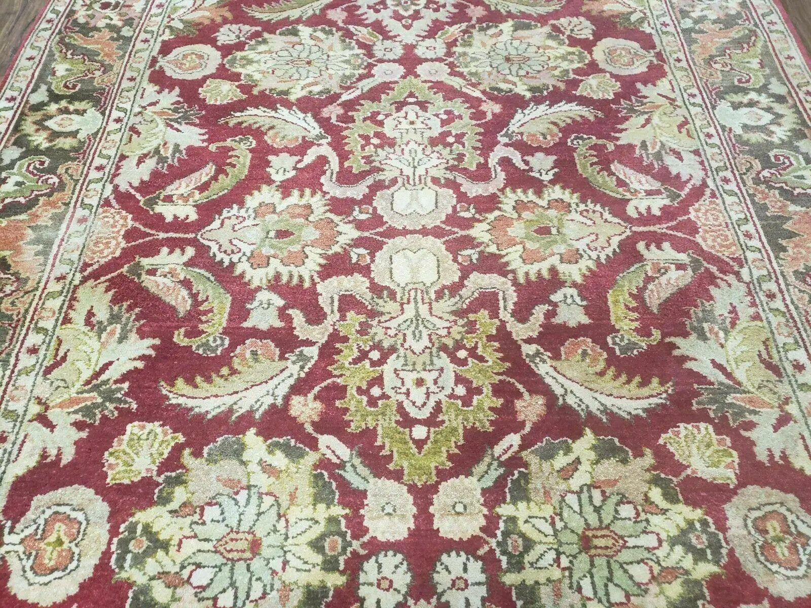 Indo Persian Rug 6x9, Hand Knotted Vintage Indian Sultanabad Agra Wool Rug, Handmade Oriental Carpet 6 x 9, Red Large Floral Design by Jewel Rugs