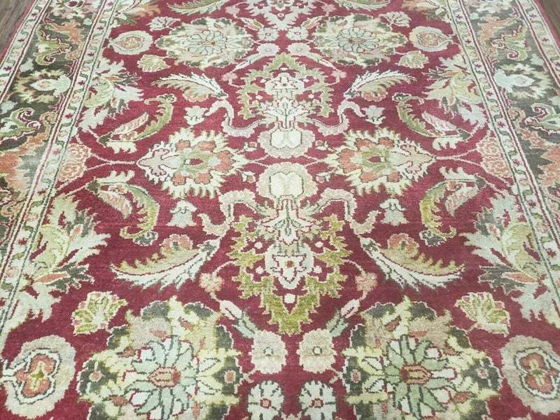 Indo Persian Rug 6x9, Hand Knotted Vintage Indian Sultanabad Agra Wool Rug, Handmade Oriental Carpet 6 x 9, Red Large Floral Design by Jewel Rugs