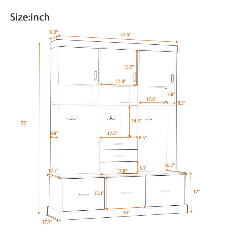 Entryway Hall Tree With Bench And Storage, 5 In 1 Coat Rack