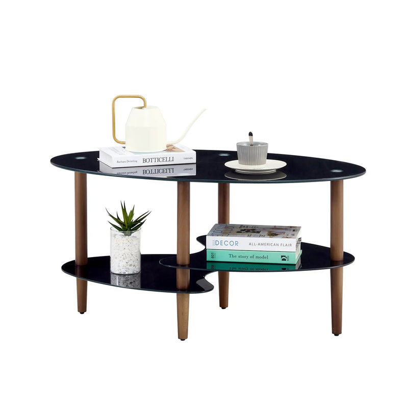 Oval Glass Coffee Table, Modern Table In Living Room Oak Wood Leg Tea Table 3-Layer Tempered Glass Table - Brown / Black by HouseOfZazla