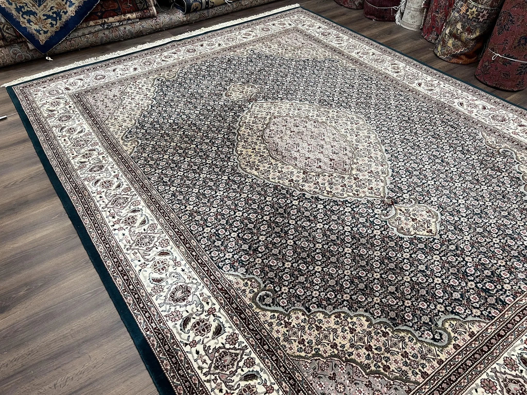 Sino Persian Rug 9x12, Dark Green and Ivory, Medallion, Mahi Herati, Elegant Oriental Carpet, Wool Hand Knotted Traditional Room Sized Rug by Jewel Rugs