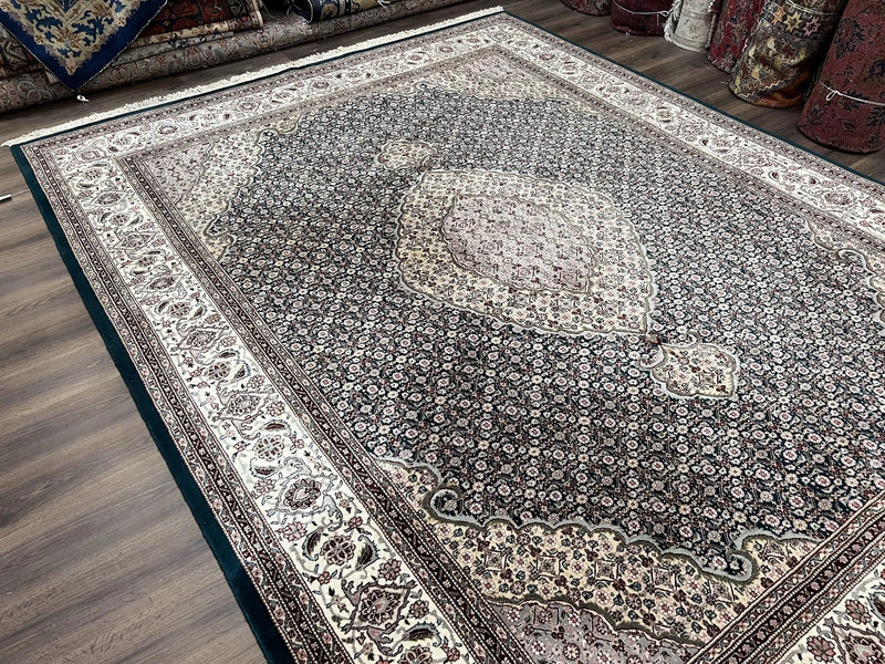 Sino Persian Rug 9x12, Dark Green and Ivory, Medallion, Mahi Herati, Elegant Oriental Carpet, Wool Hand Knotted Traditional Room Sized Rug by Jewel Rugs