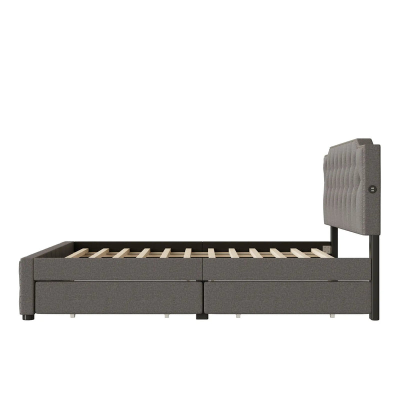 Upholstered Platform Bed With 2 Drawers And 2 Sets Of USB Ports On Each Side, Fabric by HouseOfZazla