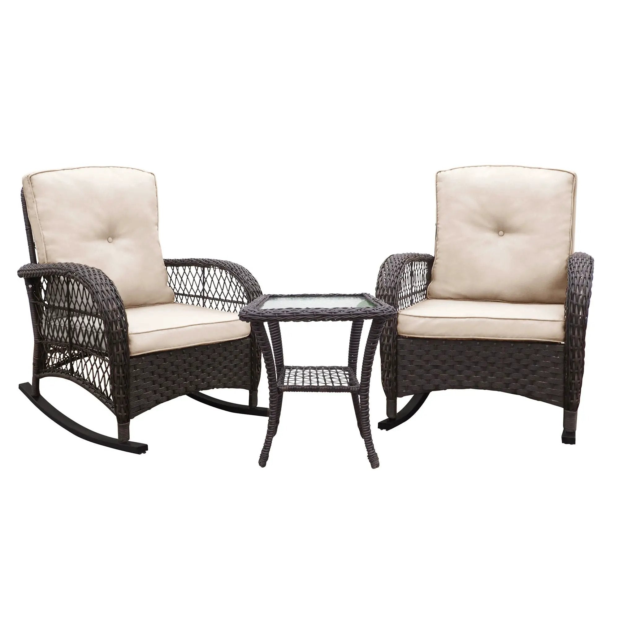 3 Pieces Conversation Set, Outdoor Wicker Rocker Patio Bistro Set, Rocking Chair With Glass Top Side Table - Brown / Beige by HouseOfZazla