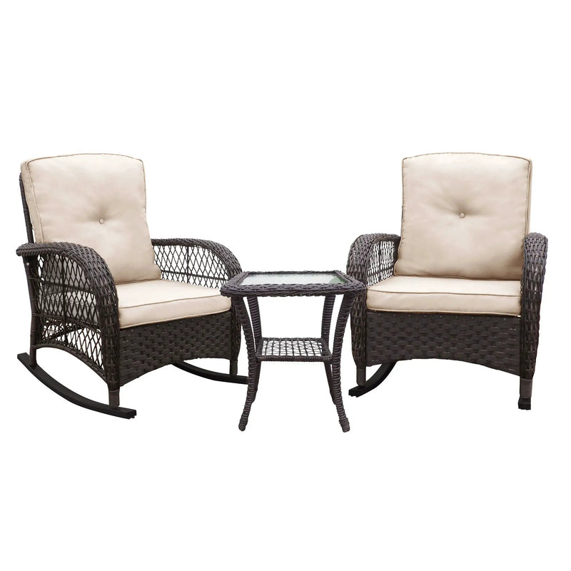 3 Pieces Conversation Set, Outdoor Wicker Rocker Patio Bistro Set, Rocking Chair With Glass Top Side Table - Brown / Beige by HouseOfZazla