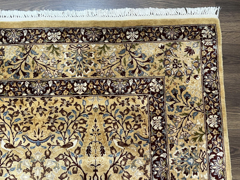 Pretty Indo Persian Rug 6x9, Allover Floral Motif with Birds, Tan/Cream, Very Fine Oriental Carpet, Hand Knotted Vintage Indian Wool Rug by Jewel Rugs