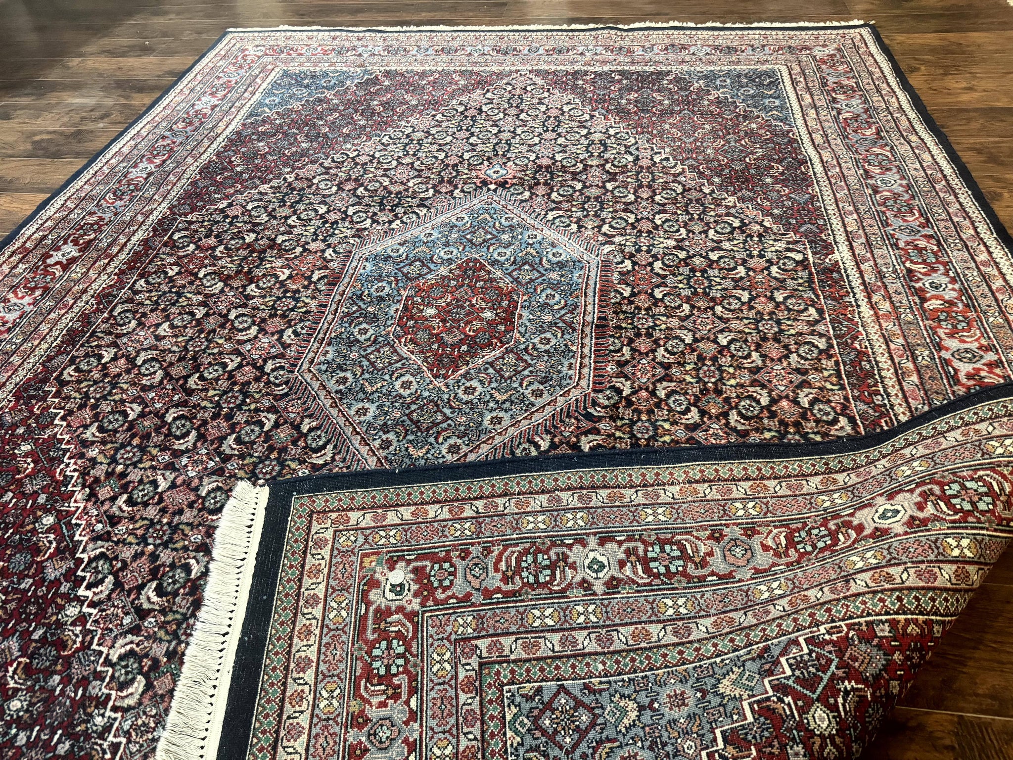 Indo Persian Bidjar Rug 8x11, Herati Mahi Pattern, Red Navy Blue, Handmade Vintage Wool Carpet by Jewel Rugs