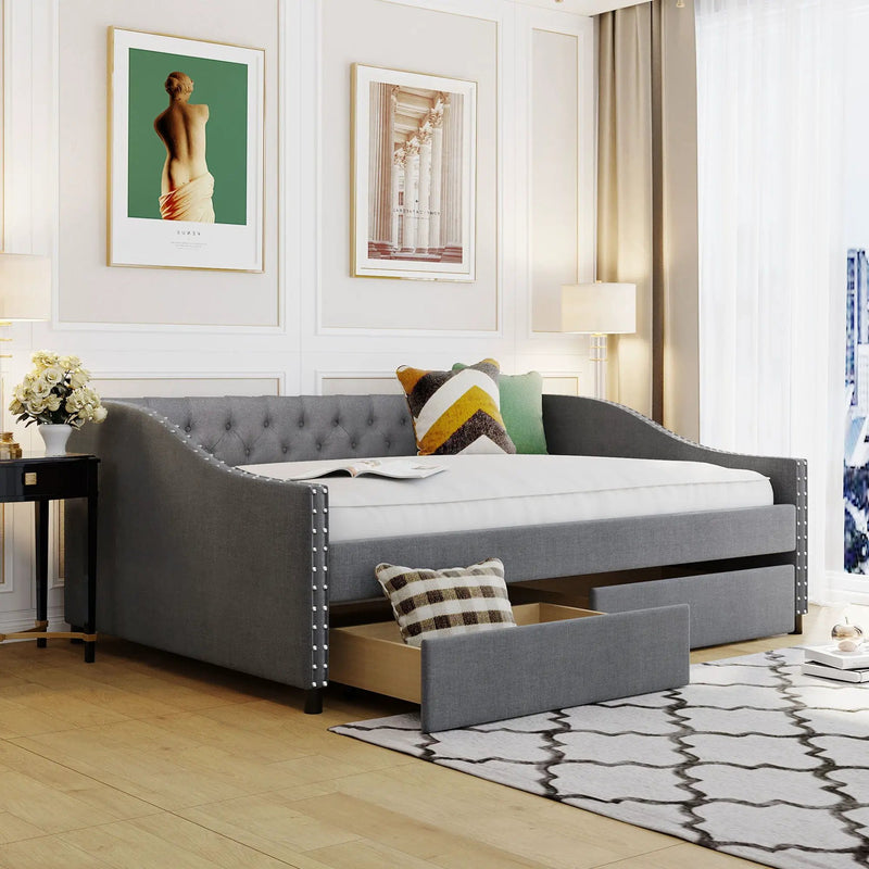 Upholstered Daybed With Two Drawers, Wood Slat Support by Unique Piece Furniture