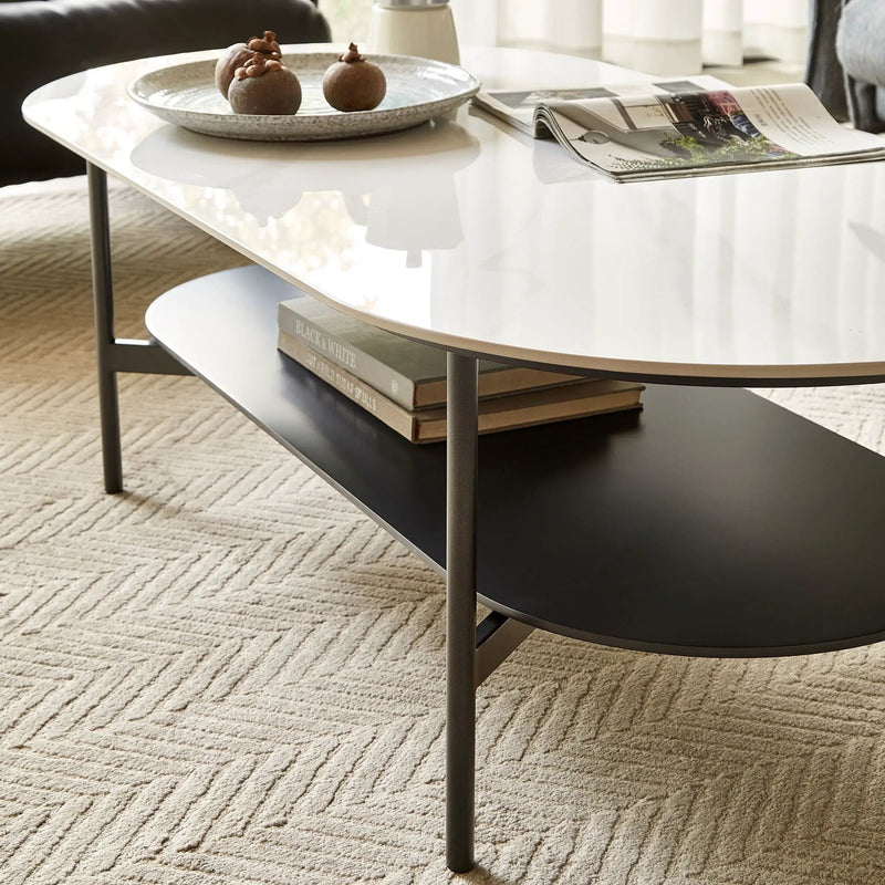 Contemporary Coffee Table Sintered Stone Surface With Ceramic Finish Double Layer Design Base Matte Shelf Modern Living Room Center Table - White / Gray by HouseOfZazla