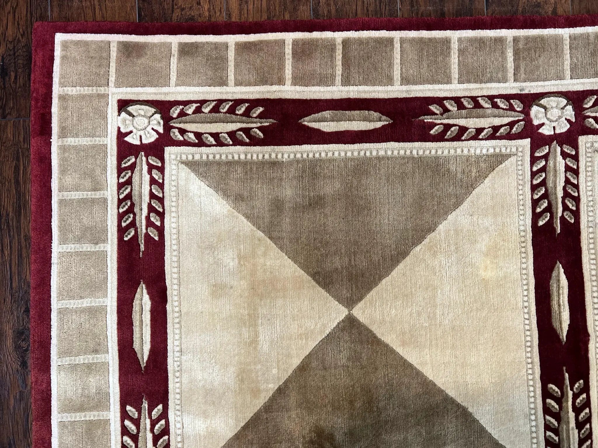Indo Tibetan Rug 10x14, Nepali Carpet, Large Soft Wool Area Rug, Olive Tan Maroon, Contemporary Rug 10 x 14 ft Living Room Rug, Handmade Rug by Jewel Rugs