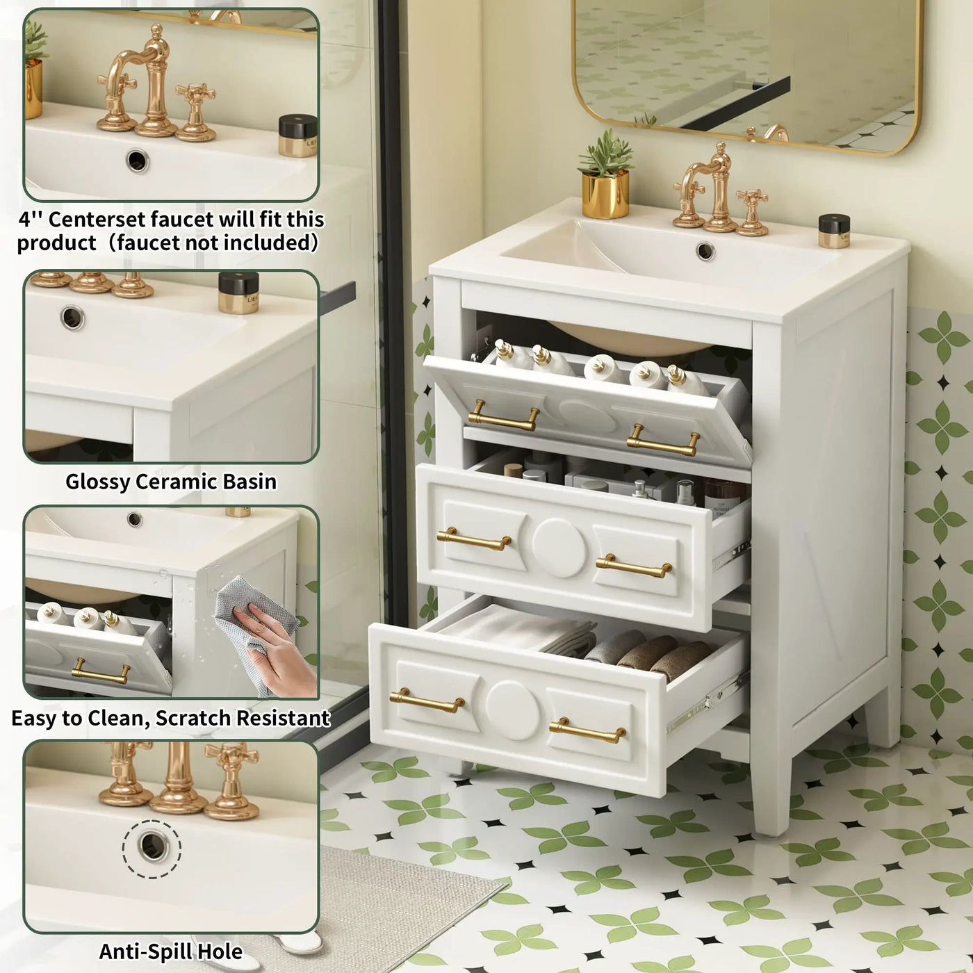 Bathroom Vanity With Sink, Free Standing Single Set, 3 Drawer Storage Cabinet by Unique Piece Furniture