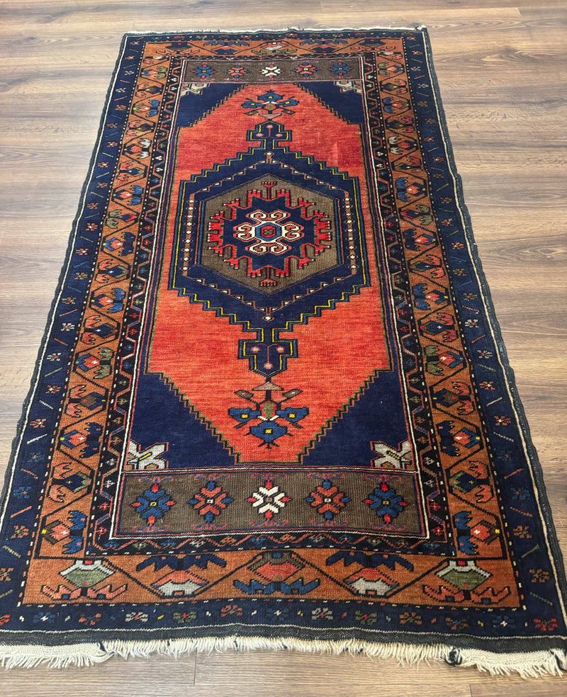 Persian Rug 3x6, Geometric Medallion, Village Tribal Rug, Terracotta and Navy Blue, Antique Nahavand Hamadan Rug by Jewel Rugs