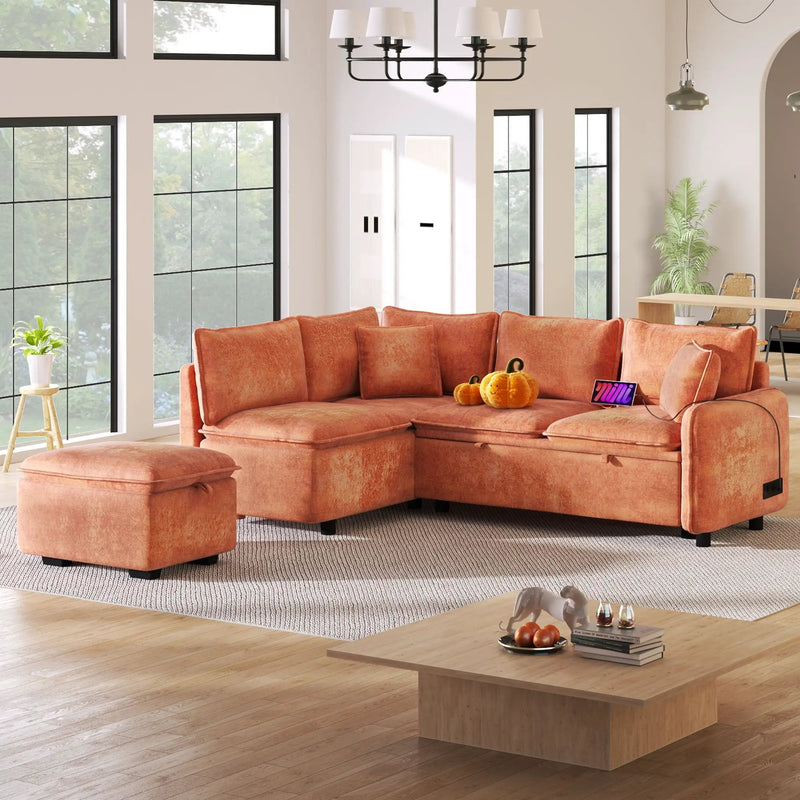 Convertible Sofa Bed Sectional Sofa Sleeper L-Shaped Sofa With A Storage Ottoman, Two Pillows, Two Power Sockets And Two USB Ports For Living Room by Unique Piece Furniture