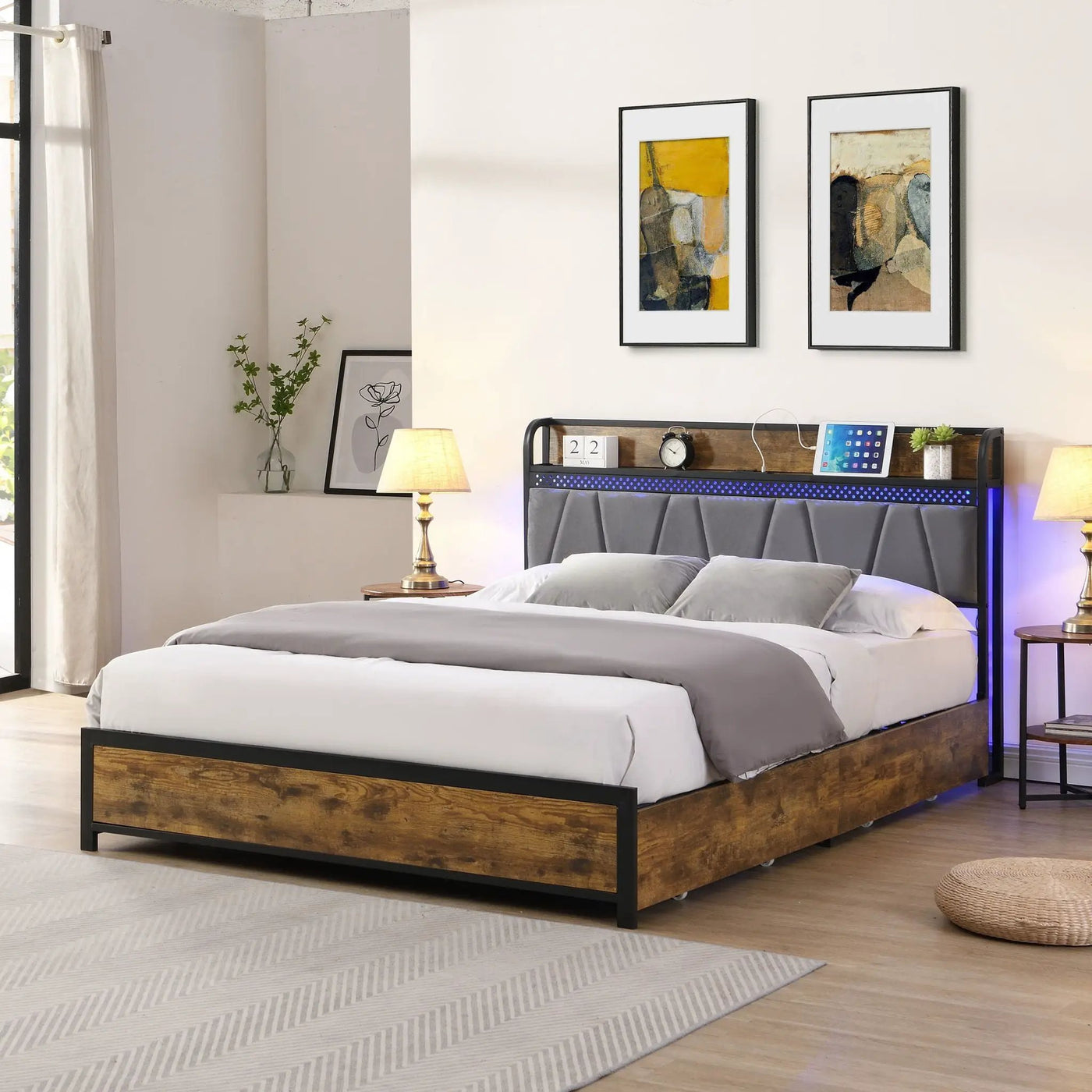 Contemporary Bed Frame With Storage Headboard, Charging Station, LED Lights by Unique Piece Furniture