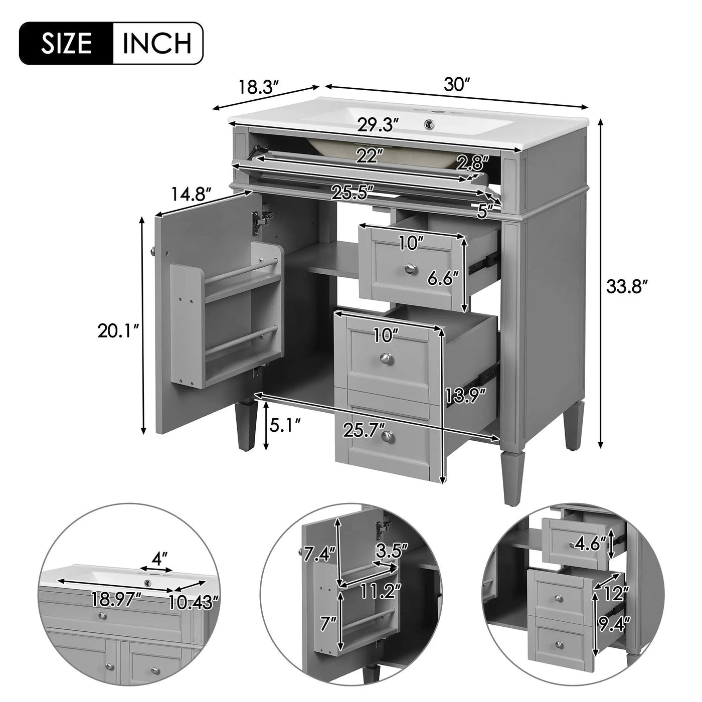 Bathroom Vanity With Top Sink, 2 Drawers & Tip Out Drawer by Unique Piece Furniture