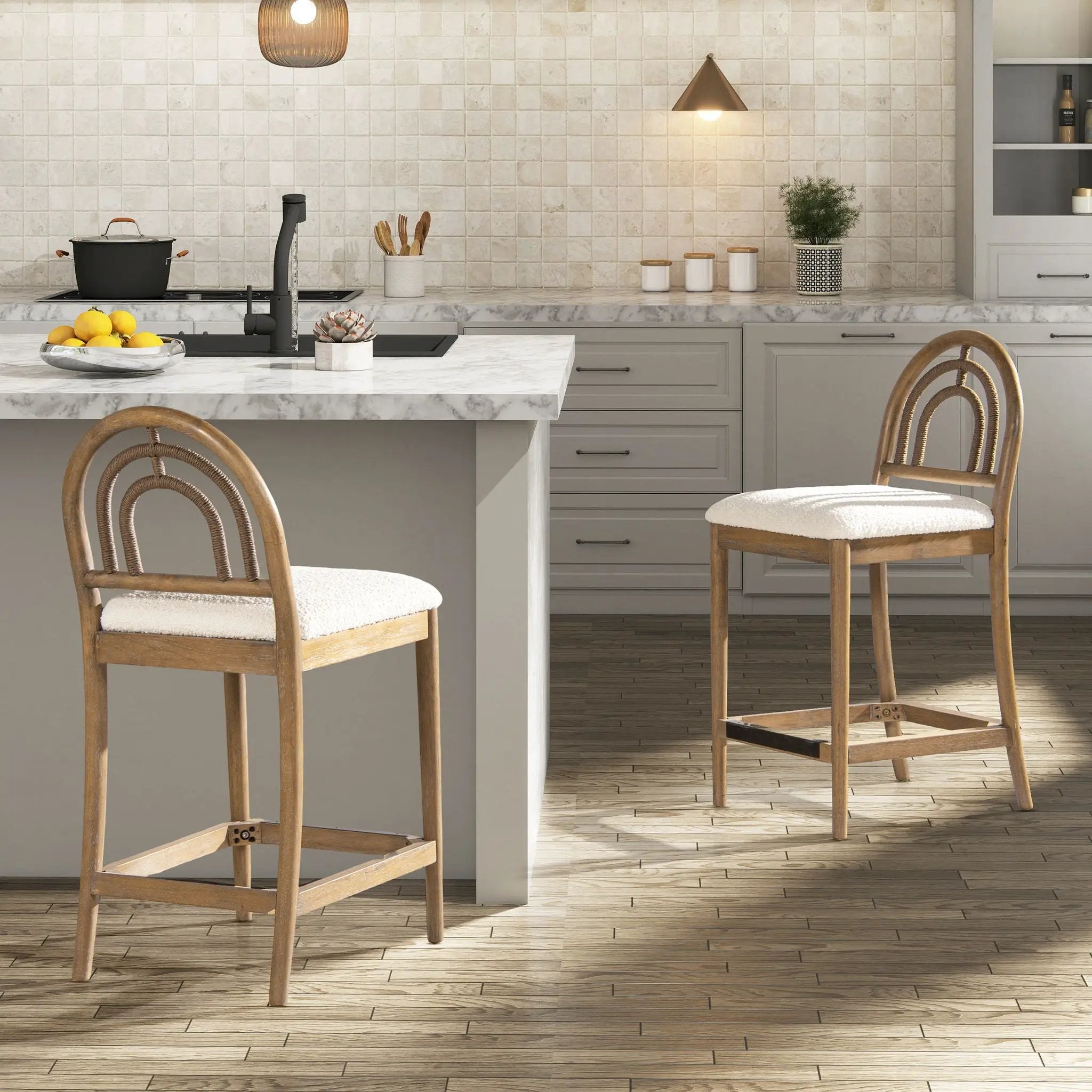 Leon - Arched Back & Upholstered Counter Stool (Set of 2) - Ivory White by HouseOfZazla