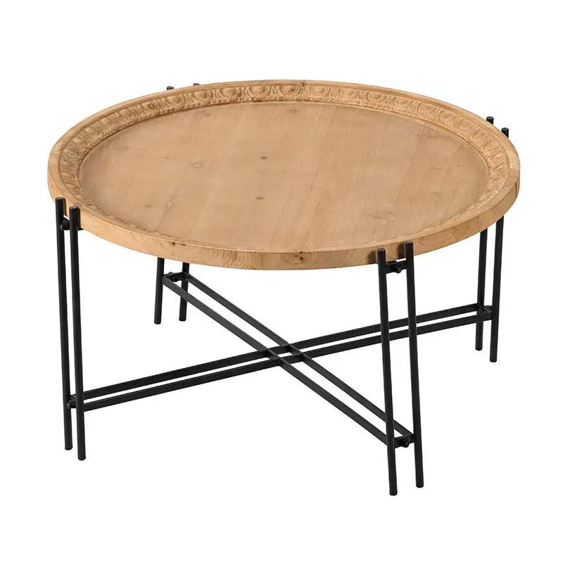 Farmhouse Round Wooden Round Coffee Table With Metal Legs - Black / Brown by HouseOfZazla