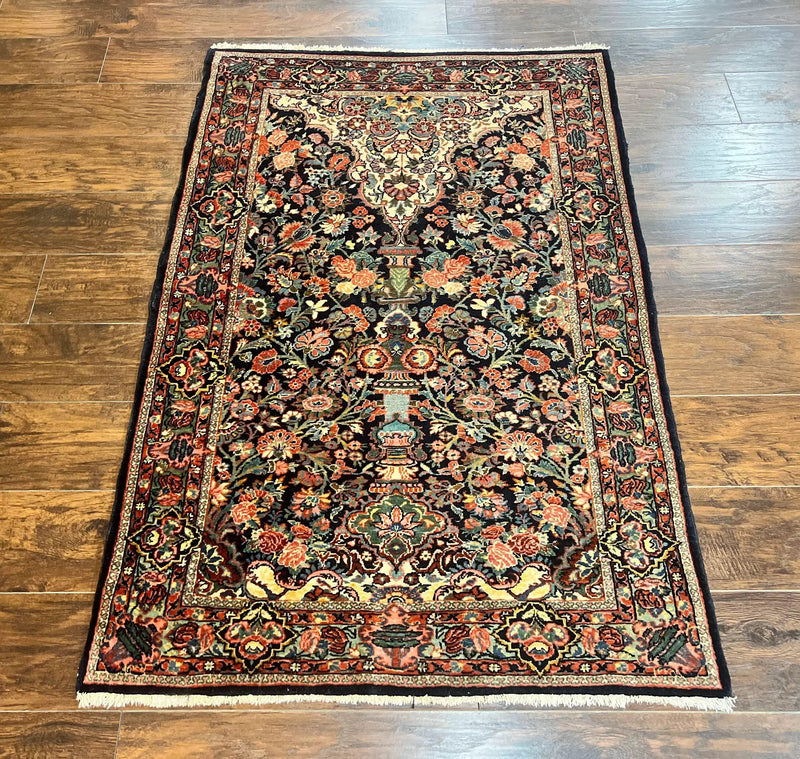 Persian Saoruk Rug 4x5, Navy Blue and Red, Floral, Antique Persian Wool Carpet, Handmade by Jewel Rugs
