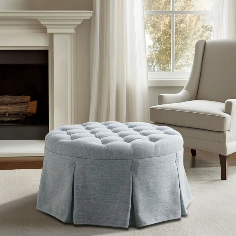 Skirted Tufted Round Ottoman With Button Top - Gray by HouseOfZazla