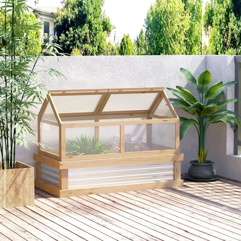 Outsunny - Raised Garden Bed With Polycarbonate Greenhouse, Wooden Garden Cold Frame Greenhouse, Flower Planter Protection, 48" x 24" x 32" - Natural by HouseOfZazla