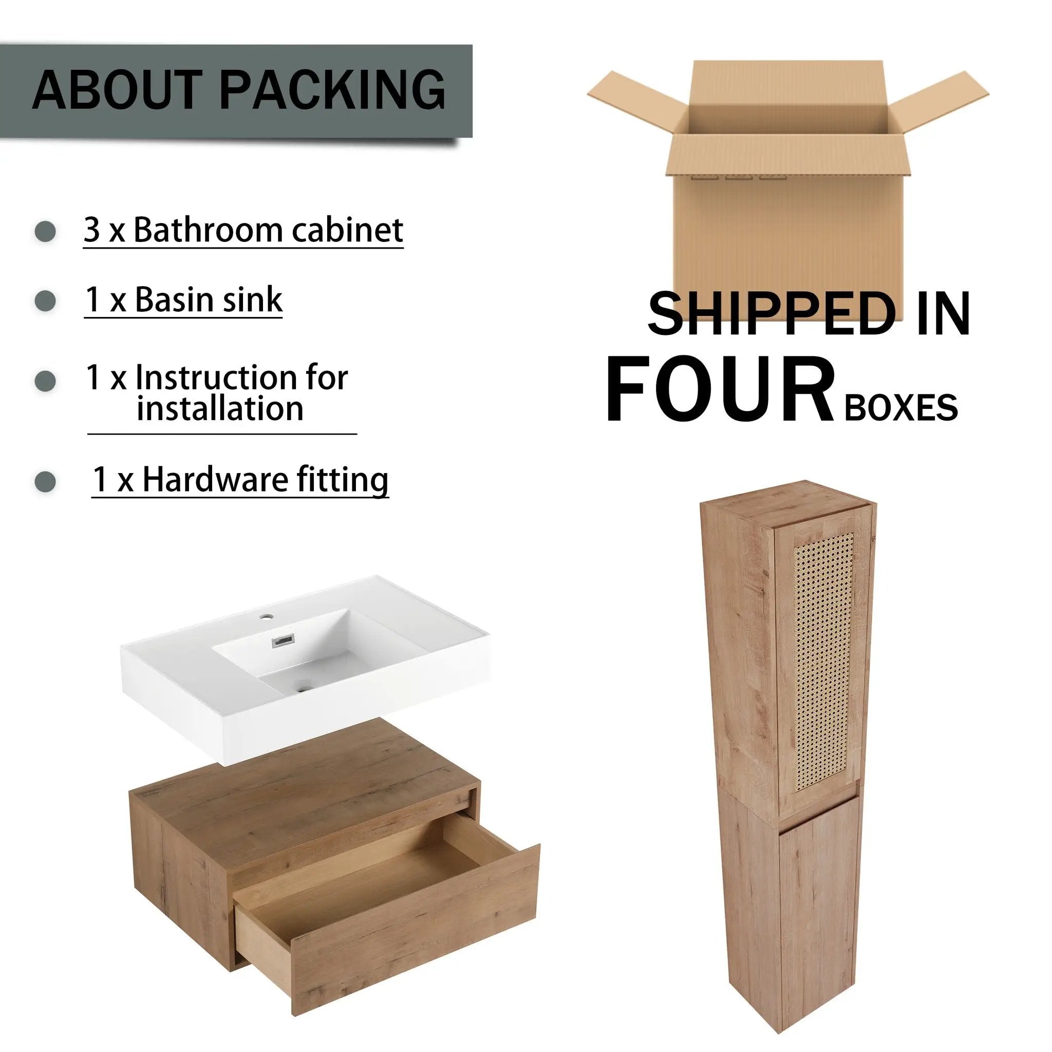 Contemporary Wall Mounted Bathroom Vanity With Resin Sink And 2 Side Cabinet - Imitative Oak by Unique Piece Furniture