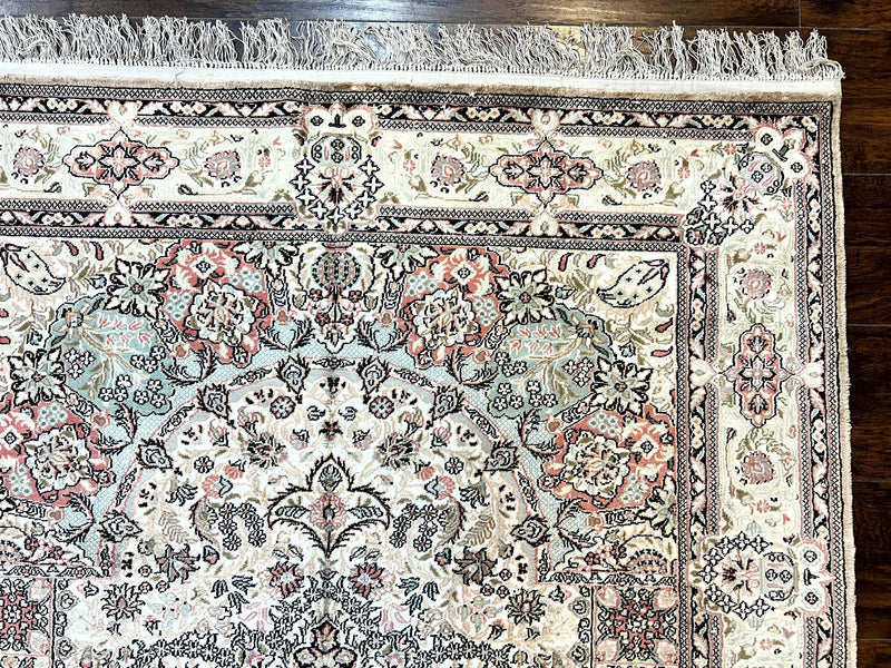 Silk Indian Kashmiri Rug 4x6, Handmade, Ivory, Fine 240 KPSI by Jewel Rugs
