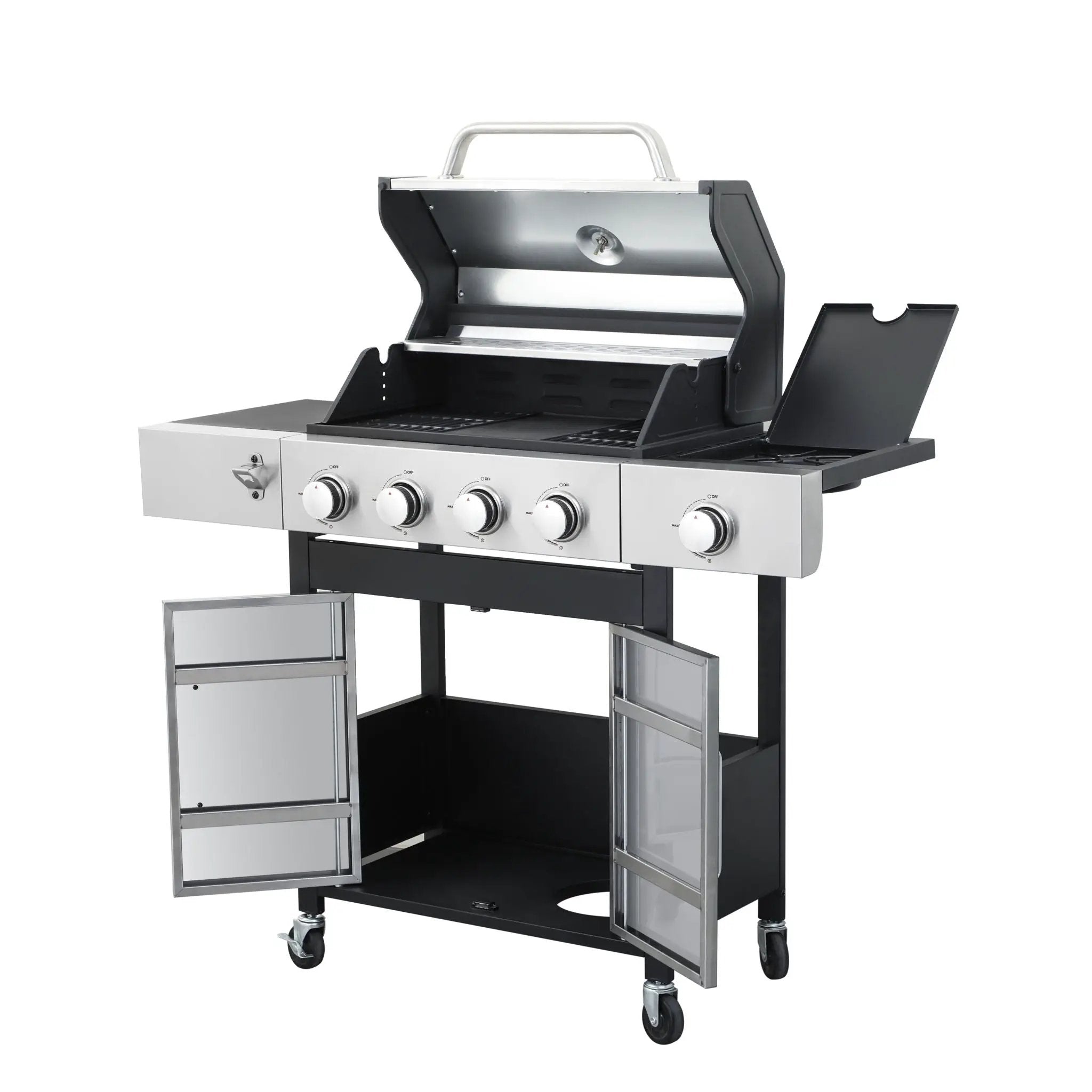 4 Burner Propane Gas Bbq Grill With Side Burner, 46790Btu Output With Enameed Cast Iron Cooking Grids For Outdoor Barbecue, Stainless Steel - Black / Silver by HouseOfZazla