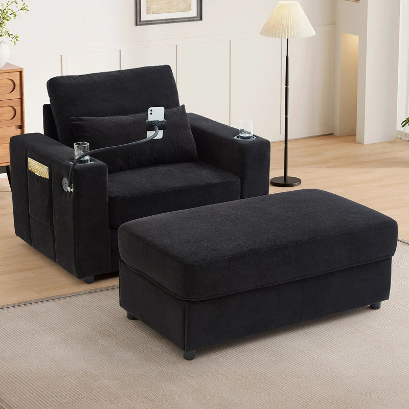 Modern Style Armchair Chaise Lounge Sofa Couch With Movable Storage Ottoman, USB Ports, Cup Holders, Phone Holder, Side Pockets by HouseOfZazla